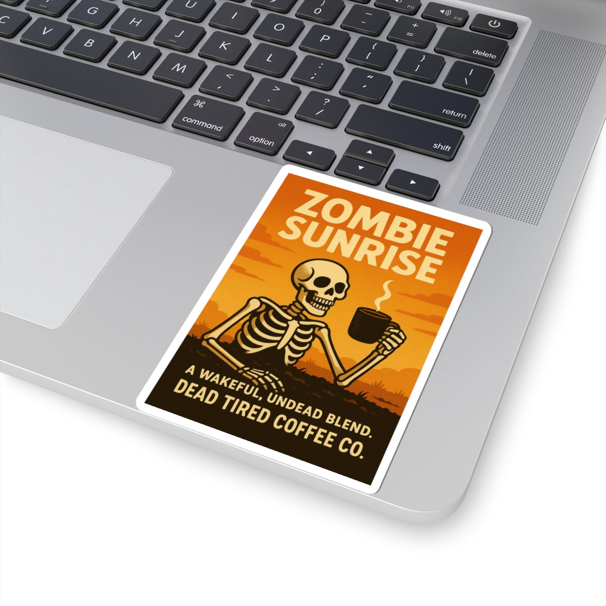 Zombie Sunrise — Spooky Coffee Sticker | Gothic Kiss-Cut Decal for Laptop, Water Bottle, or Halloween Decor