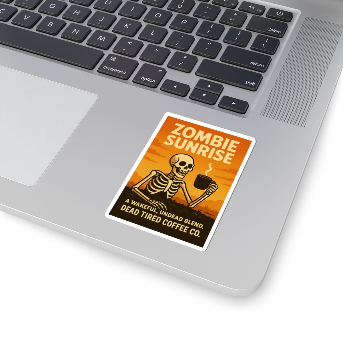 Zombie Sunrise — Spooky Coffee Sticker | Gothic Kiss-Cut Decal for Laptop, Water Bottle, or Halloween Decor