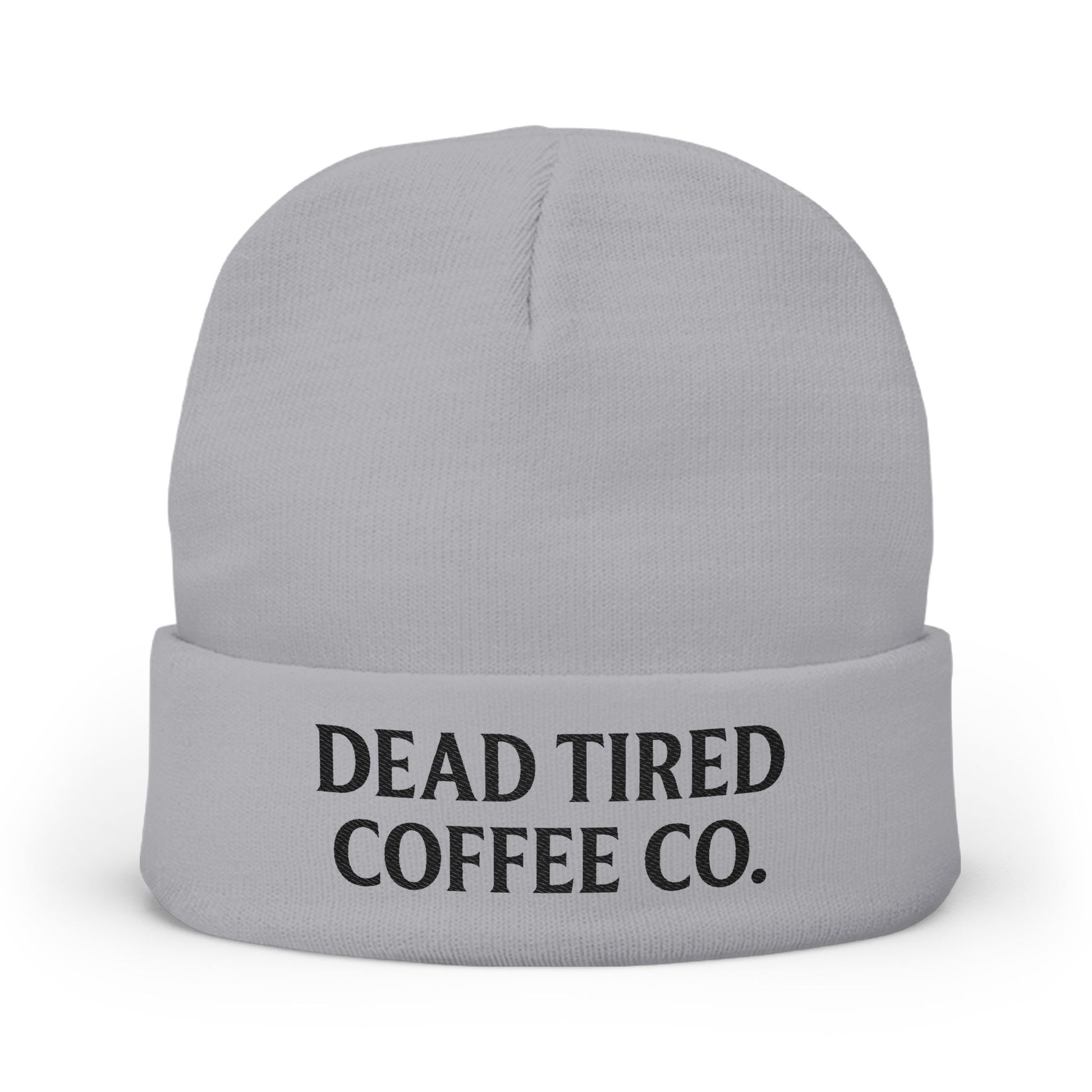 Gray beanie with 'DEAD TIRED COFFEE CO.' text on a white background
