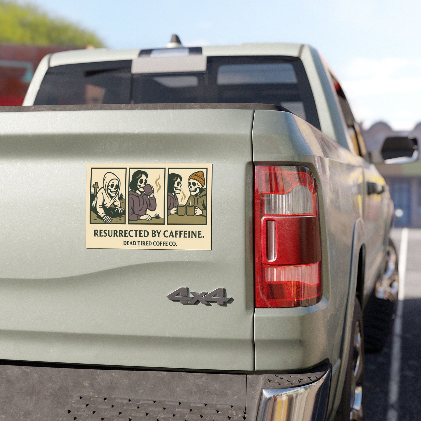 Car with a humorous sticker on the back window, featuring cartoon characters and text.