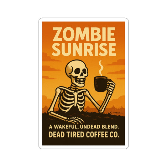 Zombie Sunrise — Spooky Coffee Sticker | Gothic Kiss-Cut Decal for Laptop, Water Bottle, or Halloween Decor