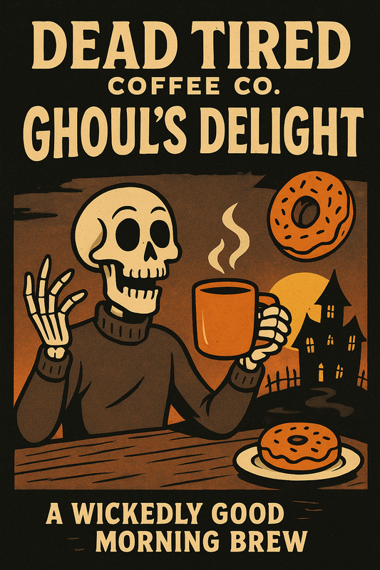 Skeletal character holding a coffee cup and donuts with 'Dead Tired Coffee Co. Ghoul's Delight' text on a dark background.